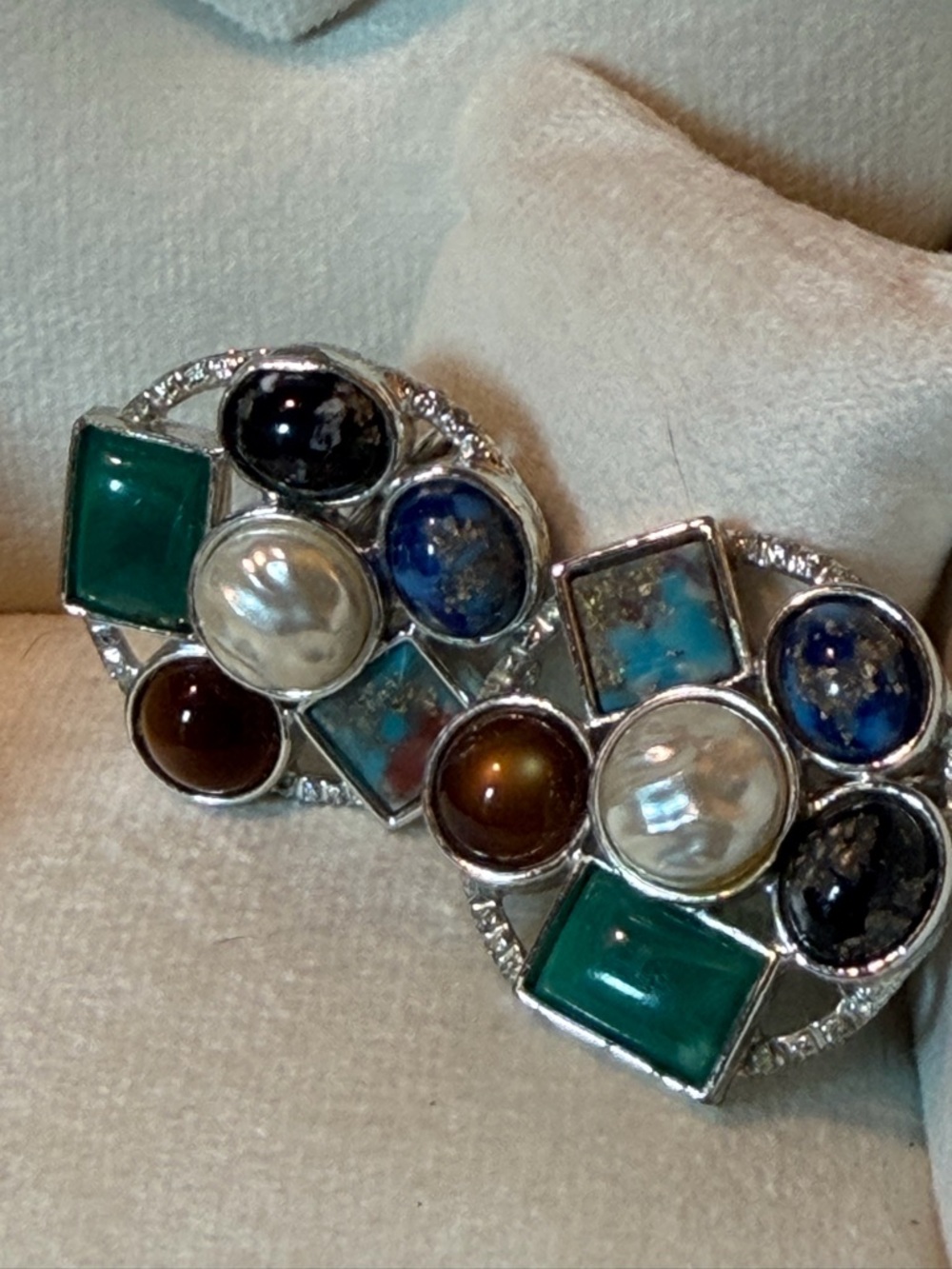 Sarah Coventry Multi-Gem Clip-On Earrings in Green, Blue, Brown, Black, Pearl